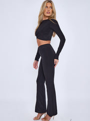 Crossover Detail Slinky Crop Top & Flared Trouser Co-ord