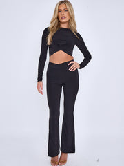 Crossover Detail Slinky Crop Top & Flared Trouser Co-ord
