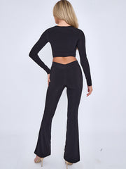 Crossover Detail Slinky Crop Top & Flared Trouser Co-ord