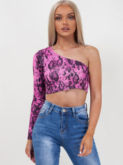 Snake Print One Shoulder Crop Top