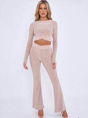 Crossover Detail Slinky Crop Top & Flared Trouser Co-ord