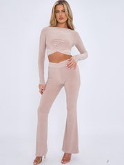 Crossover Detail Slinky Crop Top & Flared Trouser Co-ord