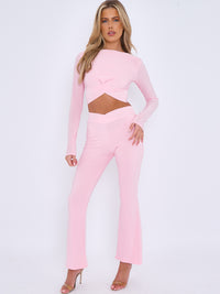 Crossover Detail Slinky Crop Top & Flared Trouser Co-ord - Pink
