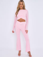 Crossover Detail Slinky Crop Top & Flared Trouser Co-ord