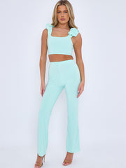 Ruched Straps Crop Top & Wide Leg Trouser Co-ord