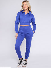 Zip Up Cropped Hoodie & Jogger Fleece Tracksuit