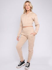 Zip Up Cropped Hoodie & Jogger Fleece Tracksuit