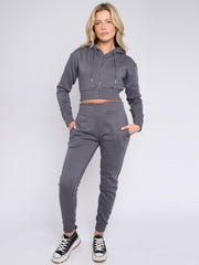 Zip Up Cropped Hoodie & Jogger Fleece Tracksuit
