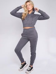 Zip Up Cropped Hoodie & Jogger Fleece Tracksuit