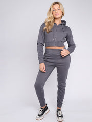 Zip Up Cropped Hoodie & Jogger Fleece Tracksuit