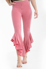 Gingham Check Flared Frill Hem Cropped Trousers