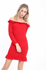 Frill Detail Ribbed Bardot Dress