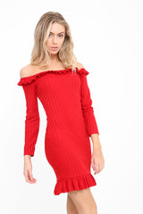 Frill Detail Ribbed Bardot Dress