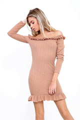 Frill Detail Ribbed Bardot Dress