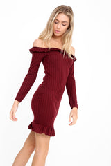 Frill Detail Ribbed Bardot Dress