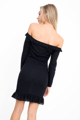 Frill Detail Ribbed Bardot Dress