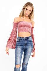 Lange mouwen fluwelen shirred bardot crop top