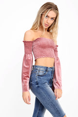 Lange mouwen fluwelen shirred bardot crop top