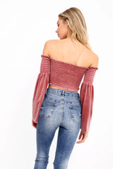 Lange mouwen fluwelen shirred bardot crop top