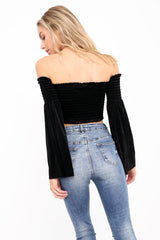 Lange mouwen fluwelen shirred bardot crop top