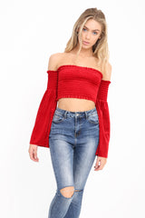 Lange mouwen fluwelen shirred bardot crop top