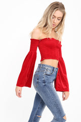 Lange mouwen fluwelen shirred bardot crop top