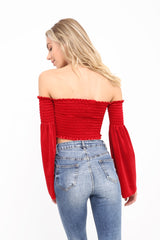 Lange mouwen fluwelen shirred bardot crop top