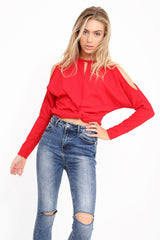 Knot Front Cold Shoulder Ribbed Top