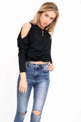 Knot Front Cold Shoulder Ribbed Top