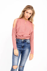 Knot Front Cold Shoulder Ribbed Top