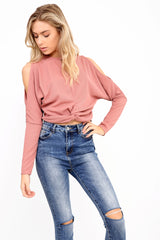 Knot Front Cold Shoulder Ribbed Top