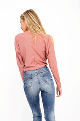 Knot Front Cold Shoulder Ribbed Top
