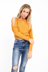 Knot Front Cold Shoulder Ribbed Top