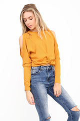 Knot Front Cold Shoulder Ribbed Top