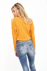 Knot Front Cold Shoulder Ribbed Top