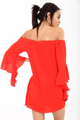 Frill Sleeve Oversized Bardot Dress