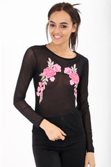 Mesh floral gestickte Langarmd -Top