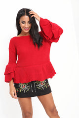 Ruffle Sleeve Knitted Peplum Jumper