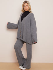 Knitted Drop Shoulder Buttoned Cardigan & Wide Leg Trouser Co-ord