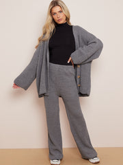 Knitted Drop Shoulder Buttoned Cardigan & Wide Leg Trouser Co-ord