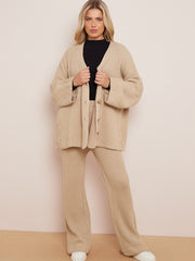 Knitted Drop Shoulder Buttoned Cardigan & Wide Leg Trouser Co-ord
