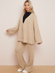 Knitted Drop Shoulder Buttoned Cardigan & Wide Leg Trouser Co-ord