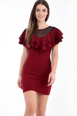 Doppel -Rüschen -Mesh Bodycon -Kleid
