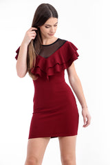 Doppel -Rüschen -Mesh Bodycon -Kleid