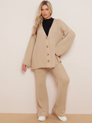 Knitted Drop Shoulder Buttoned Cardigan & Wide Leg Trouser Co-ord