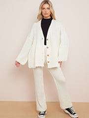 Knitted Drop Shoulder Buttoned Cardigan & Wide Leg Trouser Co-ord