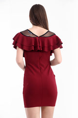Doppel -Rüschen -Mesh Bodycon -Kleid