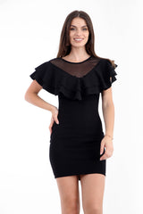 Doppel -Rüschen -Mesh Bodycon -Kleid