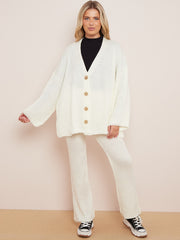 Knitted Drop Shoulder Buttoned Cardigan & Wide Leg Trouser Co-ord
