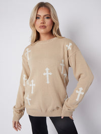 Crucifix Detail Oversized Knitted Jumper - Stone